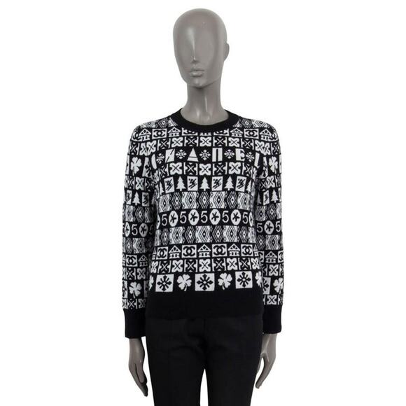 Chanel 19B Coco Neige Ski Black White CC Long Sleeve Cashmere Jumper Sweater 38 - Picture 8 of 16